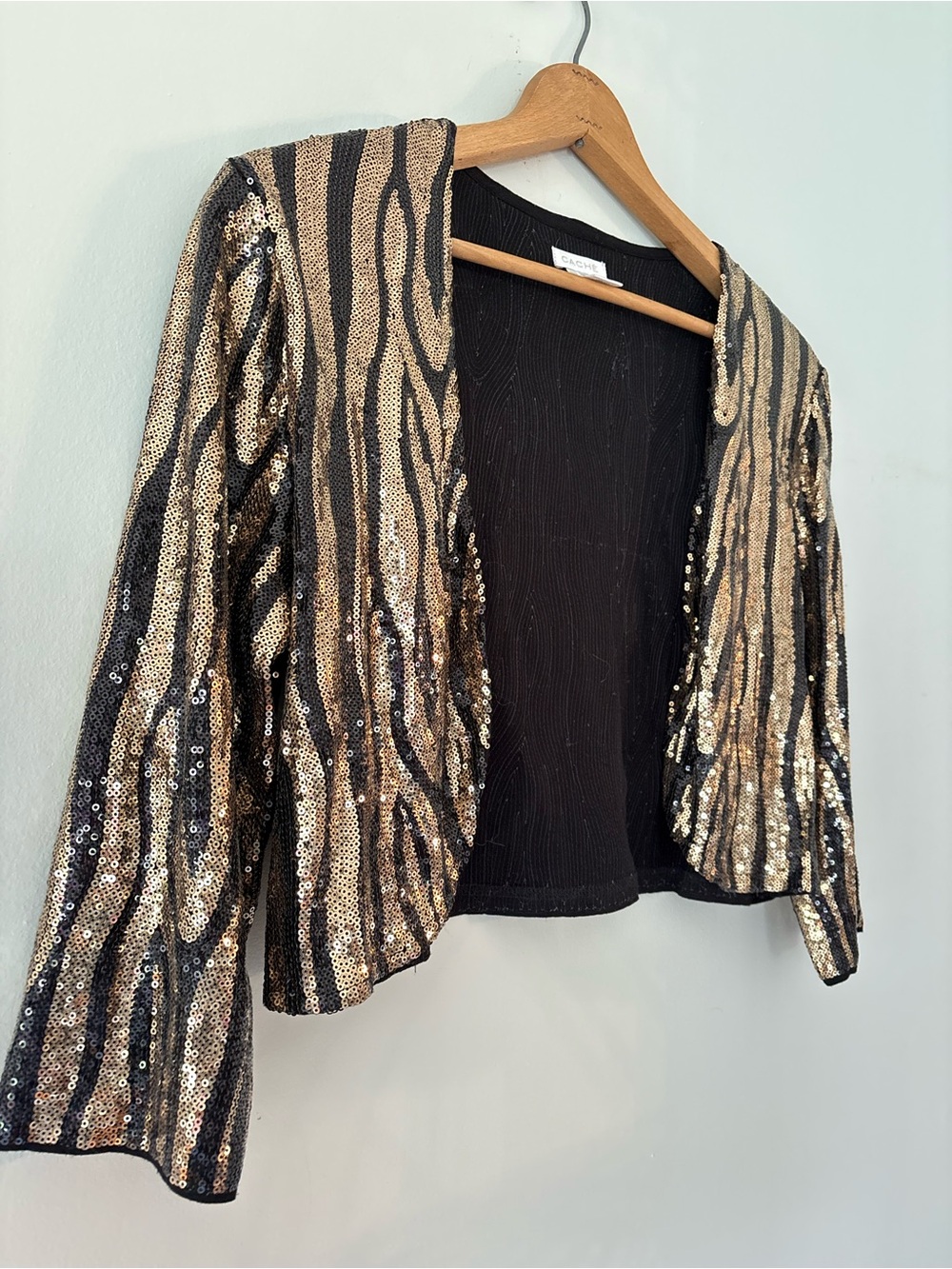 Vintage Cache Gold & Black Sequin Zebra Cropped Jacket Size M/L Mobwife Top - Picture 2 of 7